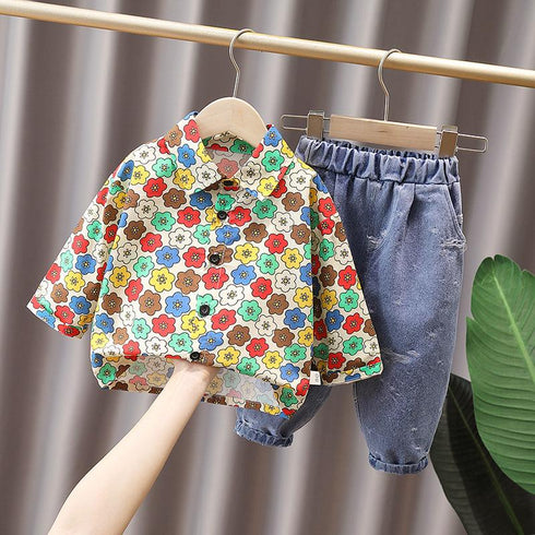 Spring and Autumn Boys Shirt Long Sleeve Set Two-Piece Set