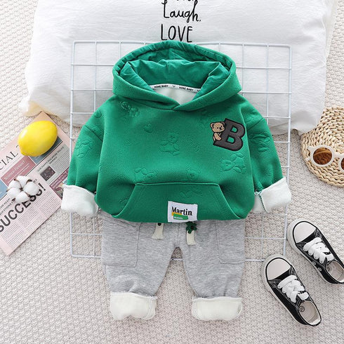 Autumn and winter boys plus velvet hooded sweater suit two-piece set