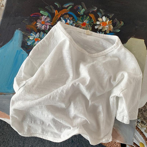 Summer Slub Cotton Short Sleeve Tee Solid Color White Crewneck Cotton Top