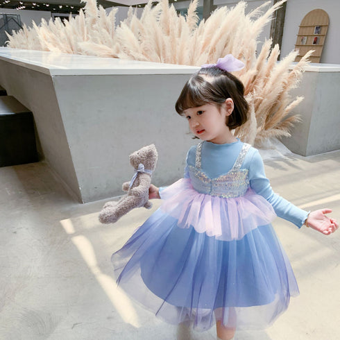 Girls Spring And Autumn Long Sleeve Gradient Rainbow Princess Dress
