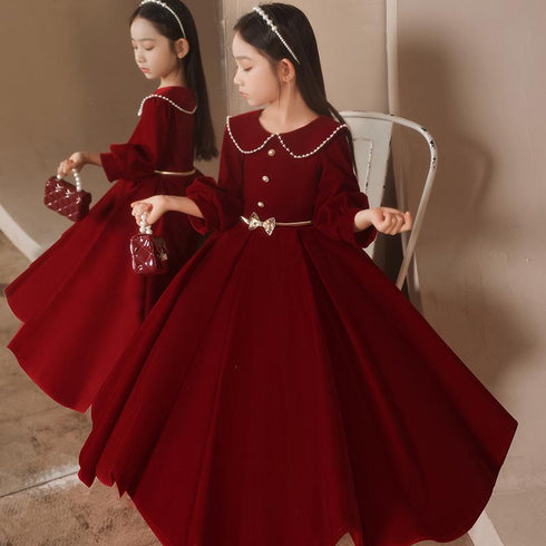 New Year's Christmas Dress Birthday Red Long Sleeve Velvet Princess Paggy Dress