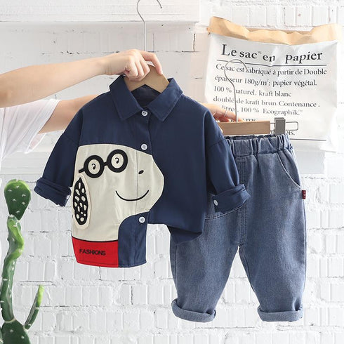 Dog Lapel Shirt Long Sleeve Suit Boy Baby Casual Denim Pants Two Piece Set