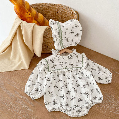 Infant double-sided cotton printing long sleeve ha jumpsuit triangle climbing clothing hat