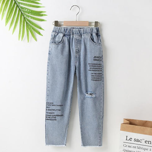 Girls Spring And Autumn Holes Denim Pants