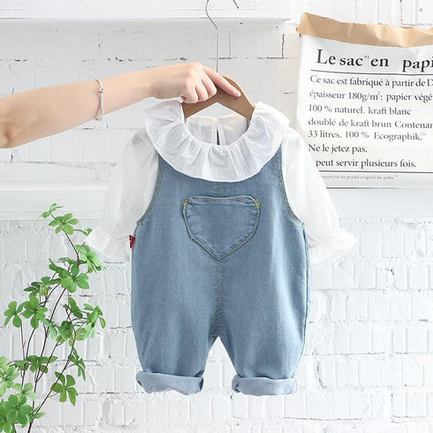 Lapel Shirt Long Sleeve Suit Girl Baby Casual Cowboy Suspender Two-piece Set