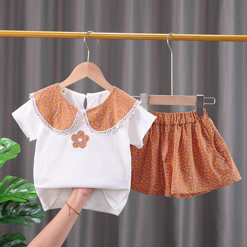 Girls' Flower Short Sleeve Suit Girls' Summer Clothes Shorts Two-piece Set