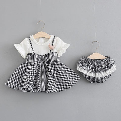 Summer New Baby Girl Stitching Top Shorts Two-piece Plaid Set