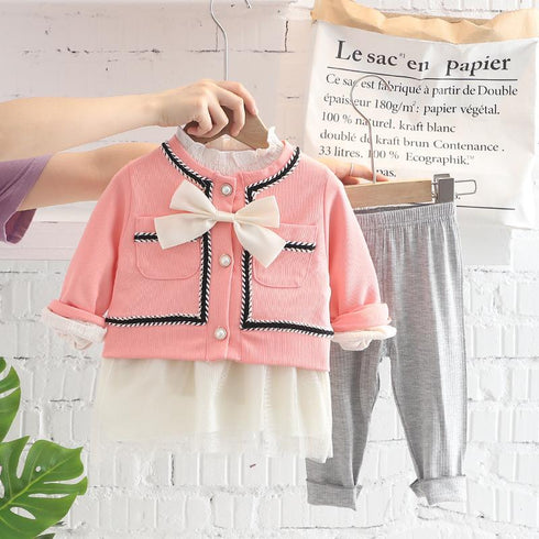 Casual Small Fragrance Long Sleeve Suit, Baby Girl's Splicing Long Skirt And Bottoms, Three Piece Set