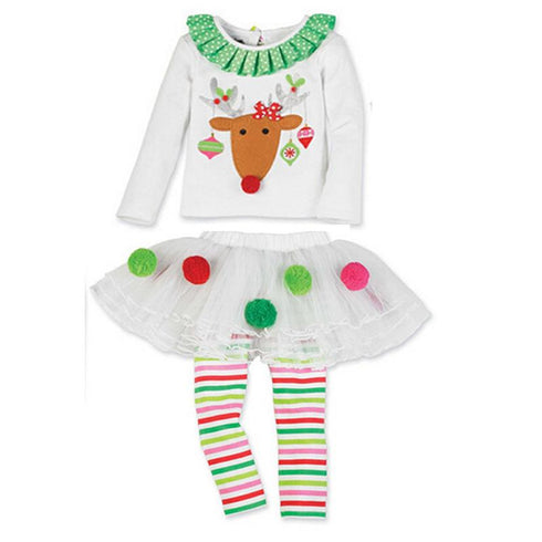 Girl's Christmas Elk-Print T-Shirt +Pants Skirt Suit