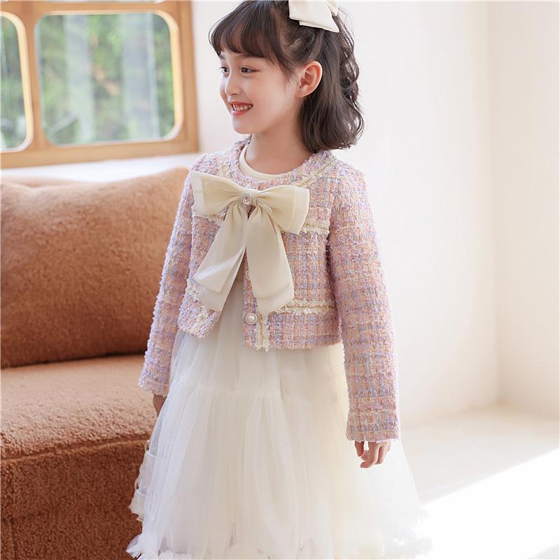 Autumn Suit Children's Two-Piece Mesh Dress Bow Cardigan Sweet 