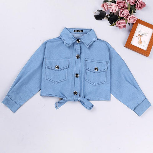 Girls Spring and Autumn Long Sleeve Denim Jacket Sling Skirt Two-Piece Set