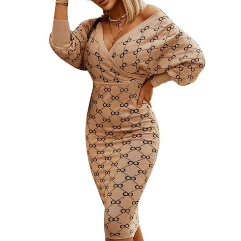 Long sleeve check one-step skirt V-neck hip dress