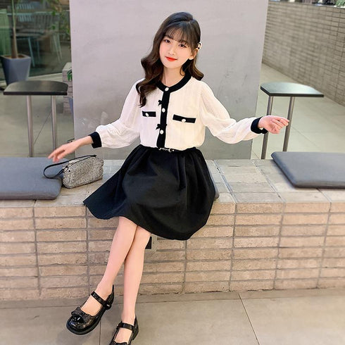 Girl's Spring Dress Little Fragrance Shirt Skirt Set