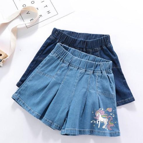 Girls Summer Pony Cartoon Denim Shorts