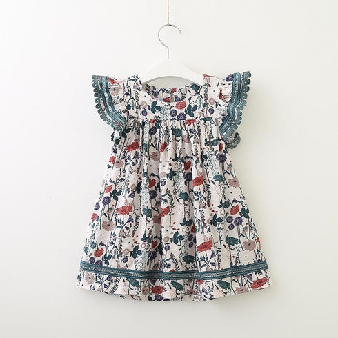Summer New Girl Floral Fly Sleeve Dress Girl Comfortable Cotton Dress