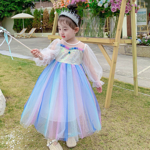 Girl's Spring And Autumn Long Sleeve Mesh Gradient Rainbow Princess Dress