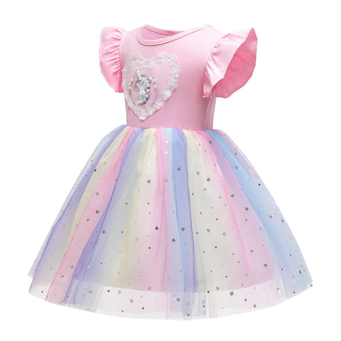 Girl's Rainbow Mesh Dress Knit Unicorn Princess Dress