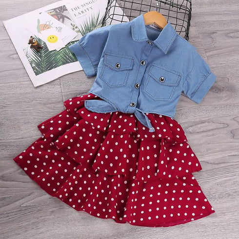 Girl's Short-Sleeve Denim Jacket Dot Skirt