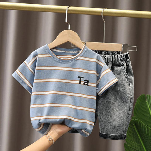 Children's Striped Short-Sleeve Denim Shorts Two-Piece Set