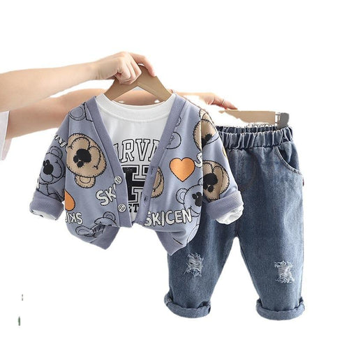 Spring and Autumn Boys Long Sleeve Cardigan Three-Piece Set
