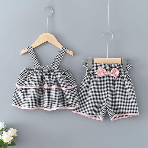Summer Girls Sling Plaid Top Bow Shorts Set