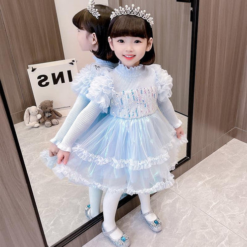 Children's Bubble Sleeve Mesh Princess Dress Girl's Luxury Sweet Sweat Dress