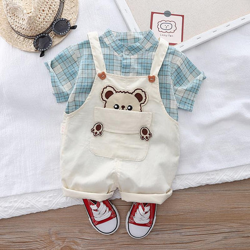 Handsome Shirt Short Sleeve Suit Casual Suspender Two Piece Set