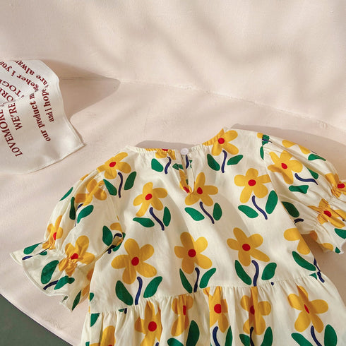 Summer small floral dress short sleeve yellow doll dress