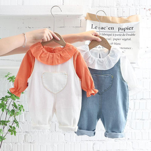 Lapel Shirt Long Sleeve Suit Girl Baby Casual Cowboy Suspender Two-piece Set