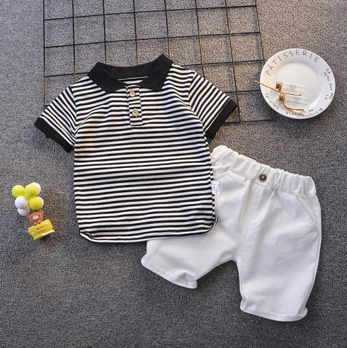 Boys summer lapel striped t-shirt pants two-piece set