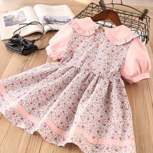Summer New Girls Dress Short Sleeve Floral Lapel Children's Dress
