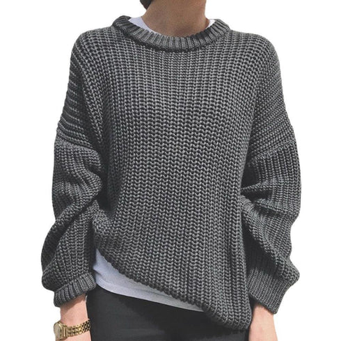Fall Winter Loose Solid Color Crewneck Knit Pullover