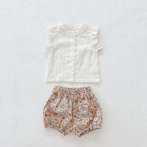 Small Fresh Fly Sleeve Open Button Top + Small Floral Shorts Two-piece Set
