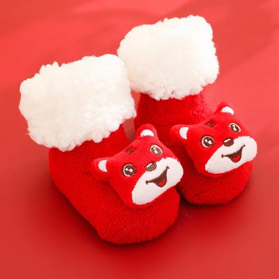 Cartoon New Year socks padded lamb velvet coral fleece children's floor socks baby baby floor socks (six pairs)
