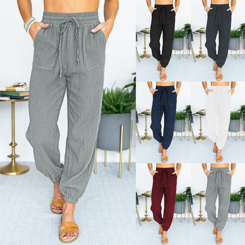 Solid color casual high waist lace-up leggings