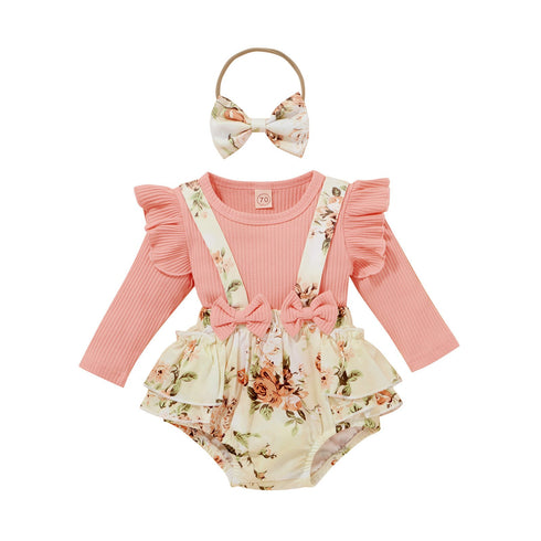 Cotton Pit Strip Long Sleeve Top + Suspender Skirt Set