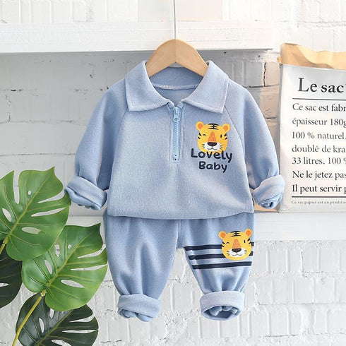 Lapel vests long sleeve suit boy baby cartoon animal half zipper two-piece set