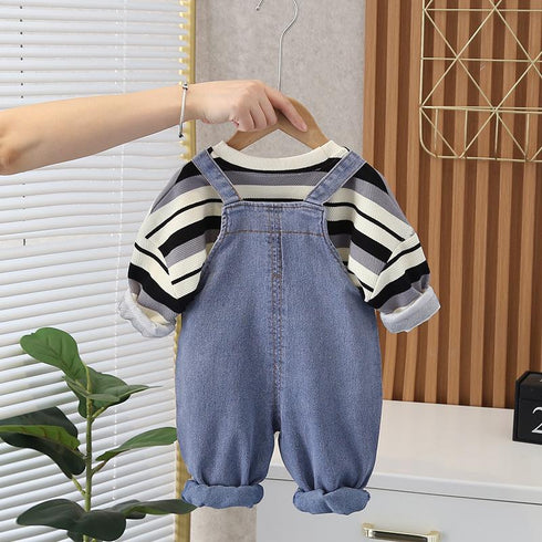 Children's Spring and Autumn Crewneck Dress Denim Straps Two-Piece Set