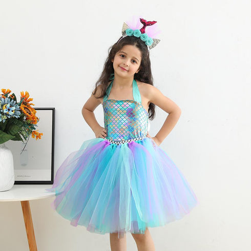 European And American Children's Clothing Girls Mermaid Fluffy Skirt Cospaly Performance Dress Fish Scale Dress Dress Send Headdress