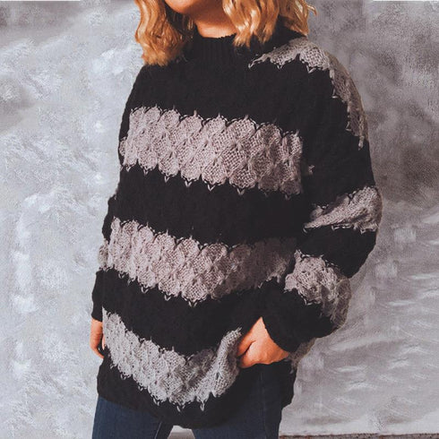 Fall and Winter Rhombus Contrast Stripe Spliced Loose Knit Sweater