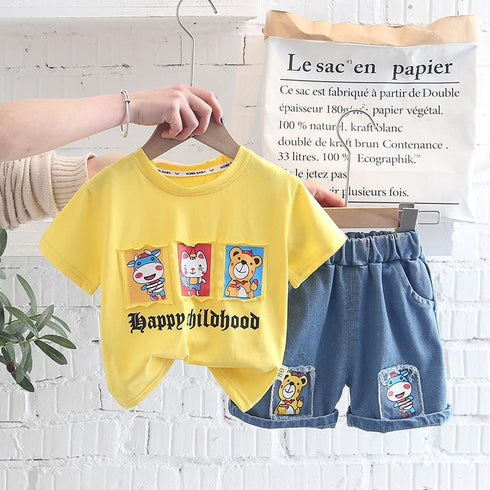 Cartoon Print Round Neck Short Sleeve Suit Boys' Casual Denim Shorts Two Piece Set