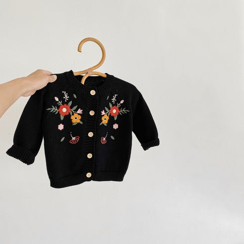 Spring and Autumn Flower Embroidered Cotton Knitted Sweater Long Sleeve Jacket