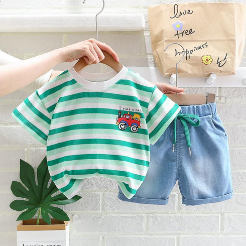 Striped Light T-shirt + Denim Shorts Two Piece Set