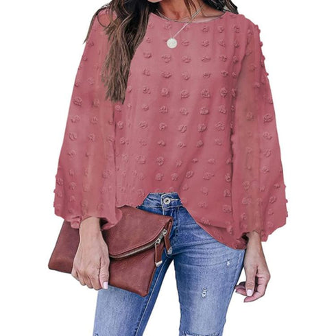 Solid Crewneck Loose Jacquard Wool Ball Long Sleeve Top