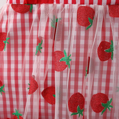 Summer New Girls' Sleeveless Dress Strawberry Mesh Printed Dress