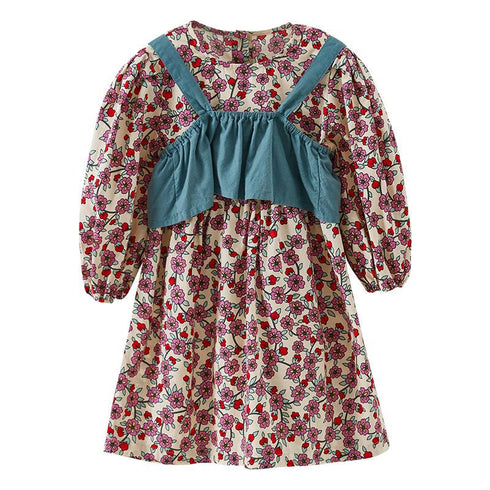 Spring And Autumn Girls Floral Vest Two-Piece Dress