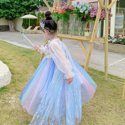 Girl's Spring And Autumn Long Sleeve Mesh Gradient Rainbow Princess Dress