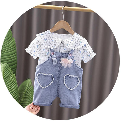 Cute little Plaid doll collar cotton shirt cowboy suspender two-piece set