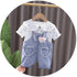 Cute little Plaid doll collar cotton shirt cowboy suspender two-piece set