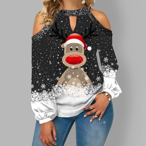 Winter Christmas Sexy Shoulder Top Elk-Print Women's Wear